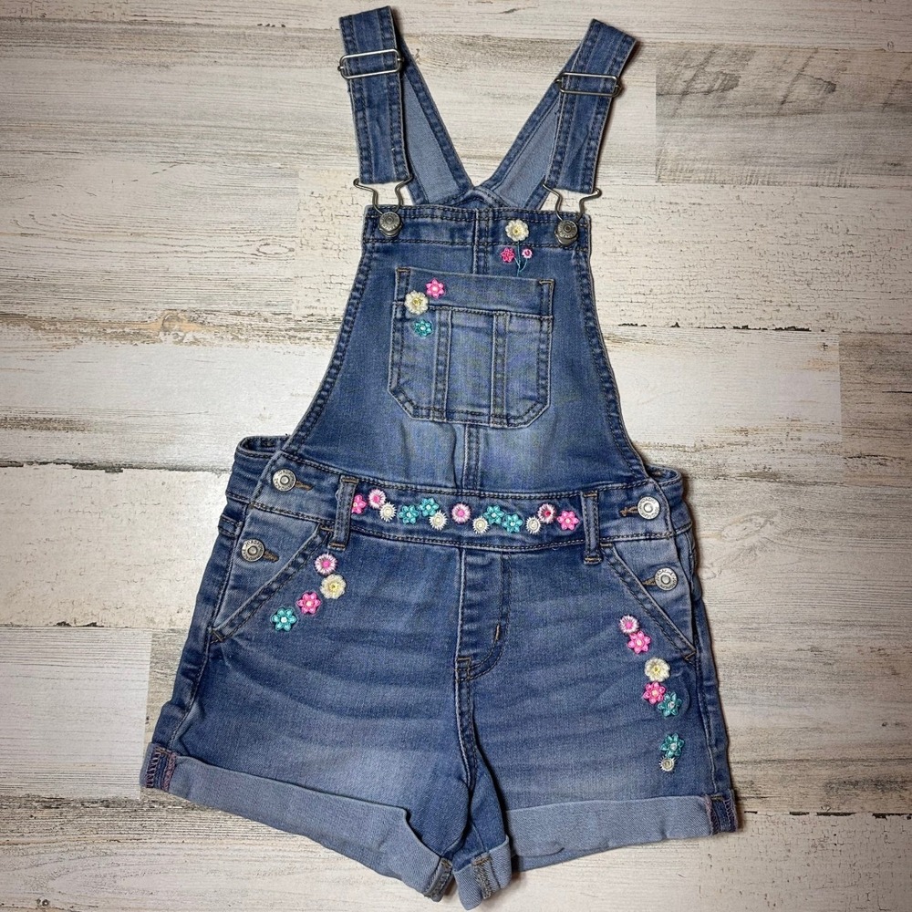Jordache Denim‎ Shortalls Girls Size 6-6X Blue Floral Embroidered Y2K